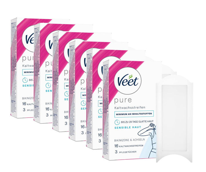 Veet Kaltwachssstreifen Vorteilsset Easy-Gelwax Technology für die Bikinizone &amp; Achseln 6 x 16 Stück