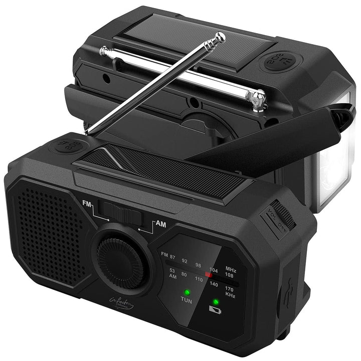 infactory Solar Kurbelradio: 2er-Set Solar- & Dynamo-Koffer-Radio, LED, SOS, Powerbank-Funktion (Kur