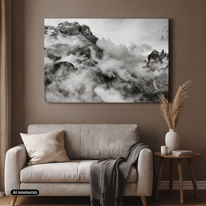 Bilder auf Leinwand 100x70cm Leinwandbild mit Rahmen Berge Nebel Gipfel Gross Wanddeko Bild Schlafzi