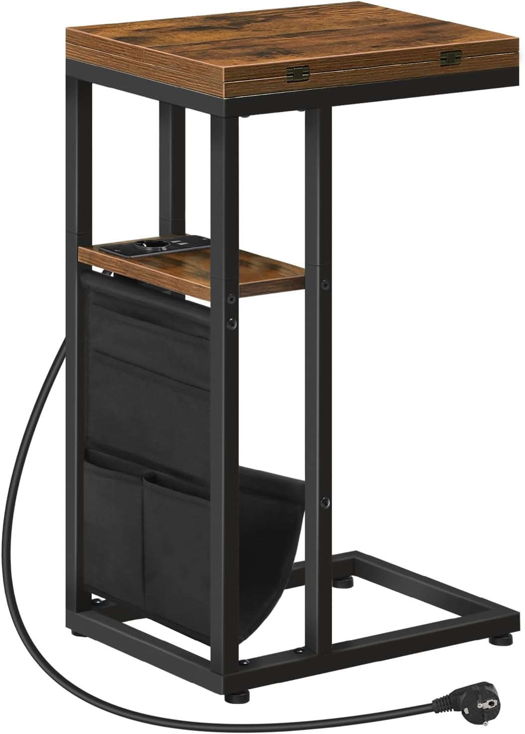 HOOBRO Beistelltisch mit Ladestation, C-Form Couchtisch mit Aufbewahrungstasche, klappbarer Sofatisc