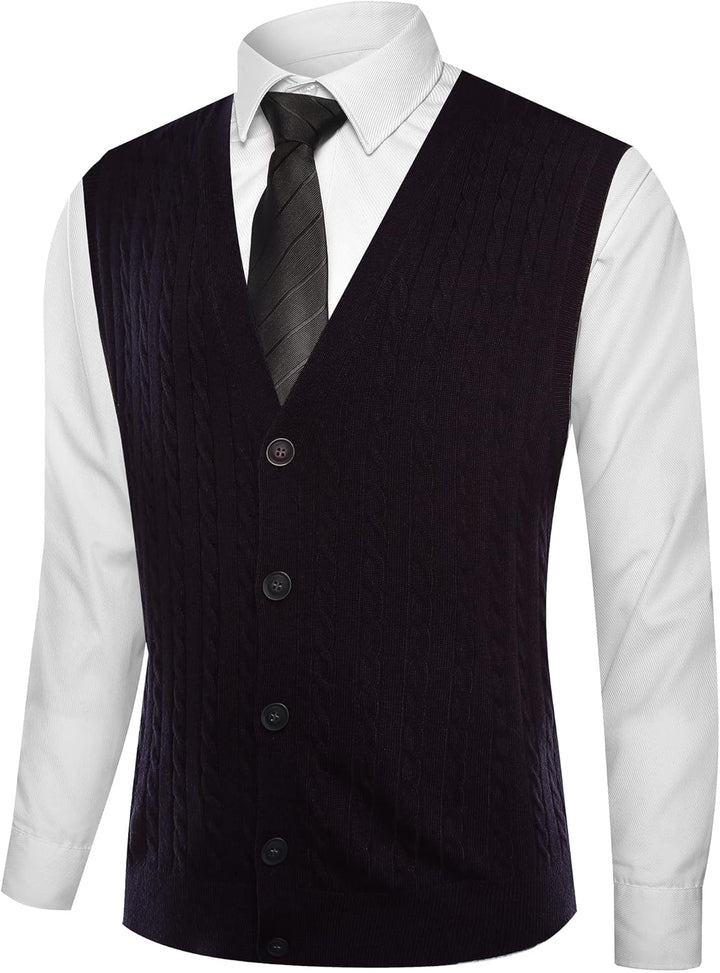 Kallspin Herren Strickweste Ärmellos Cardigan Wollmischung mit Zopfmuster und Knöpfen S Schwarz, S S