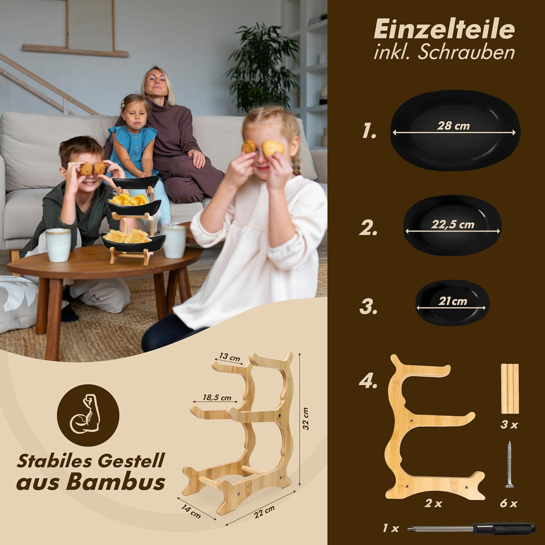 Obst Etagere 3 stöckig SCHWARZ Keramik mit Bambusständer, Servierständer für Obst Snacks Gebäck, ele