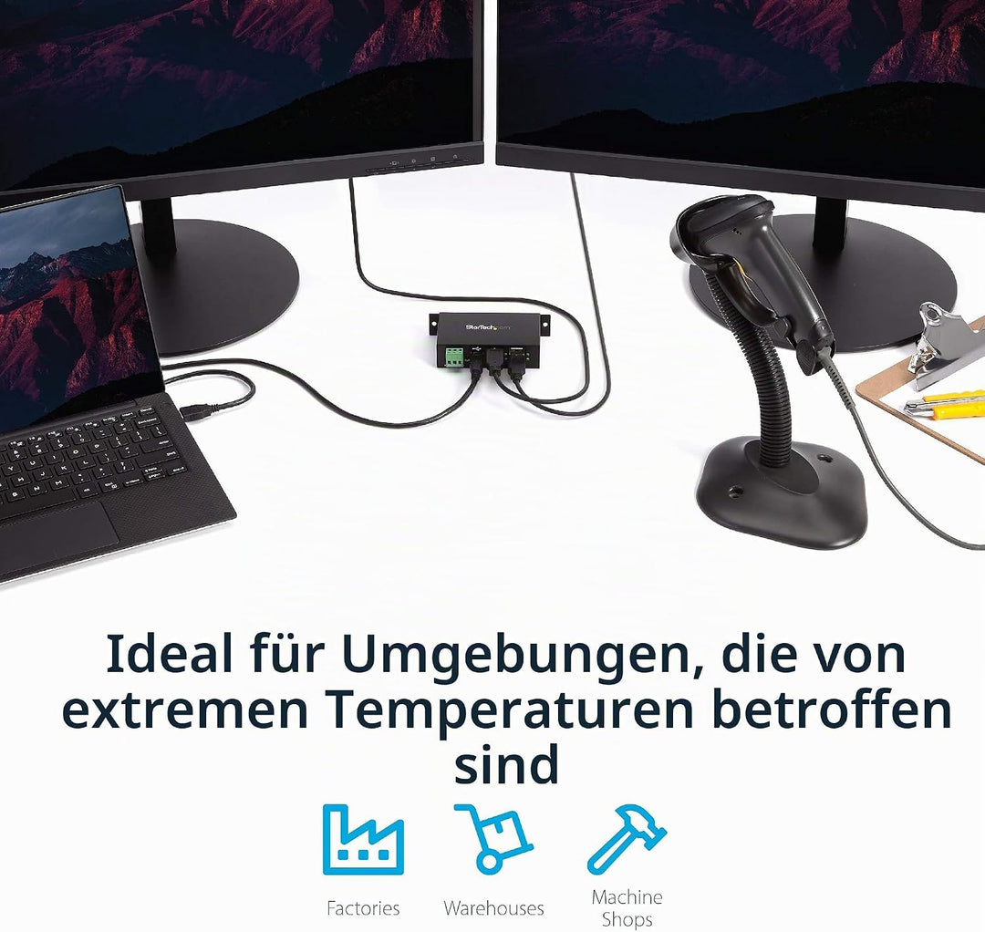 StarTech.com 4 Port USB 2.0 Hub - Industrieller USB-A Hub aus Metall - Hutschienen/Wand/Tischmontage