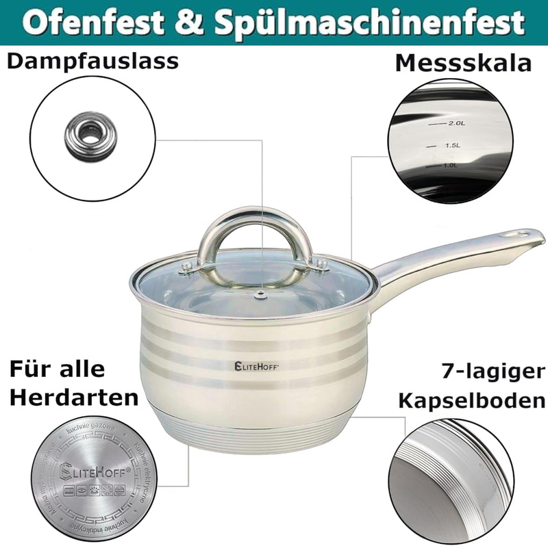 EliteHoff Stielkasserolle 7-Lagen Edelstahl Kasserolle mit Deckel, Kochtopf Induktion, Topf für alle