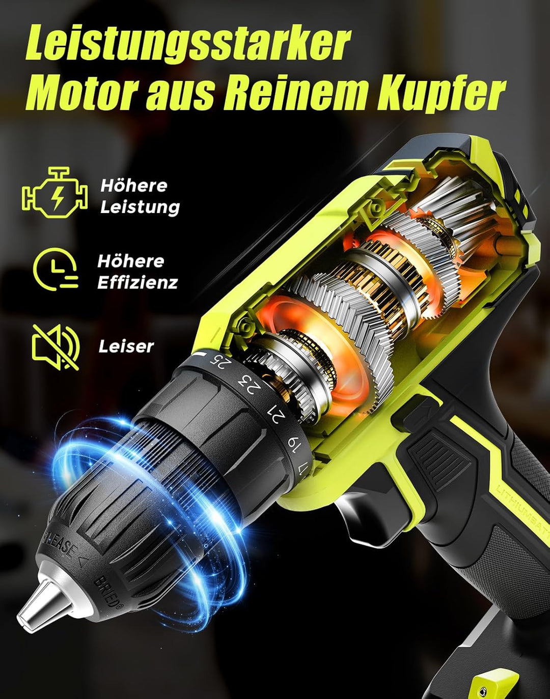 Akkuschrauber, 20V Akku Bohrschrauber, 25+1 Drehmomentstufen Akkubohrer, 42Nm Max Drehmoment, LED-Li