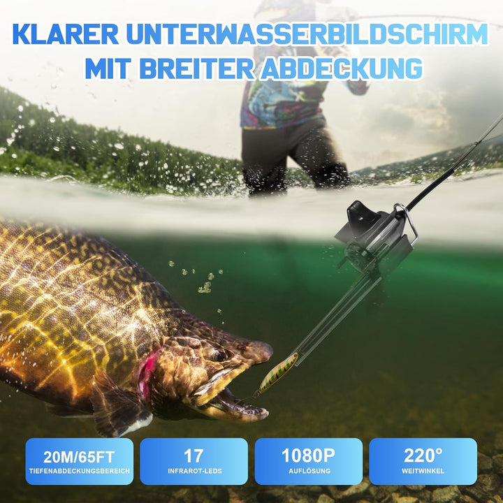 Tragbarer 5 Zoll IPS Fischfinder mit 17 IR LEDs und 20m Kabel - 1080P Angelkamera mit 220° Weitwinke