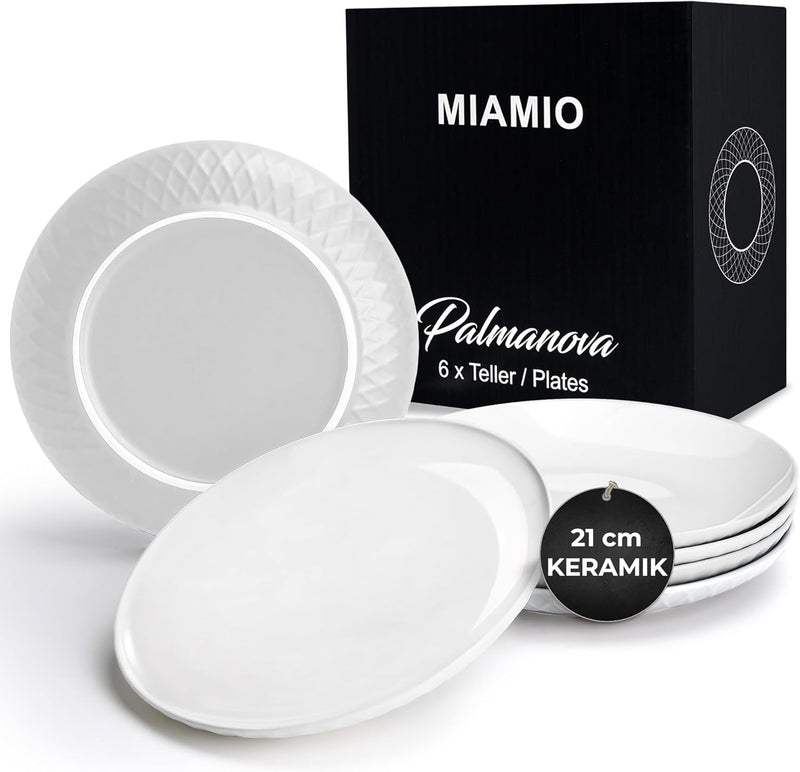 MIAMIO - 6er Geschirrset/Teller Set modern aus Keramik für 6 Personen - Palmanova Kollektion (Weiss,