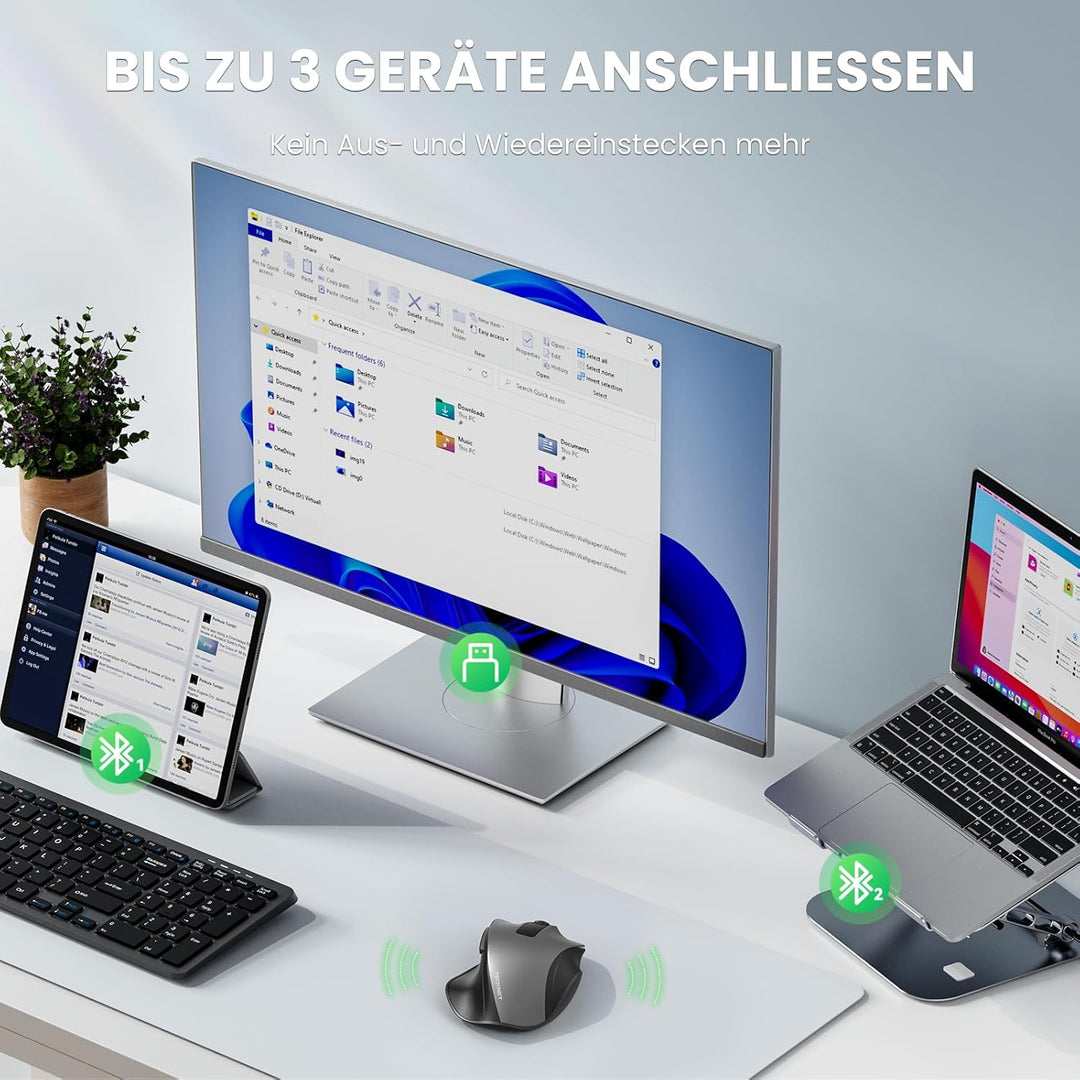 TECKNET Maus Kabellos, Bluetooth Maus Aufladbar mit 3 Gerät (2*Bluetooth+USB), 4800DPI, 6 Tasten, Si