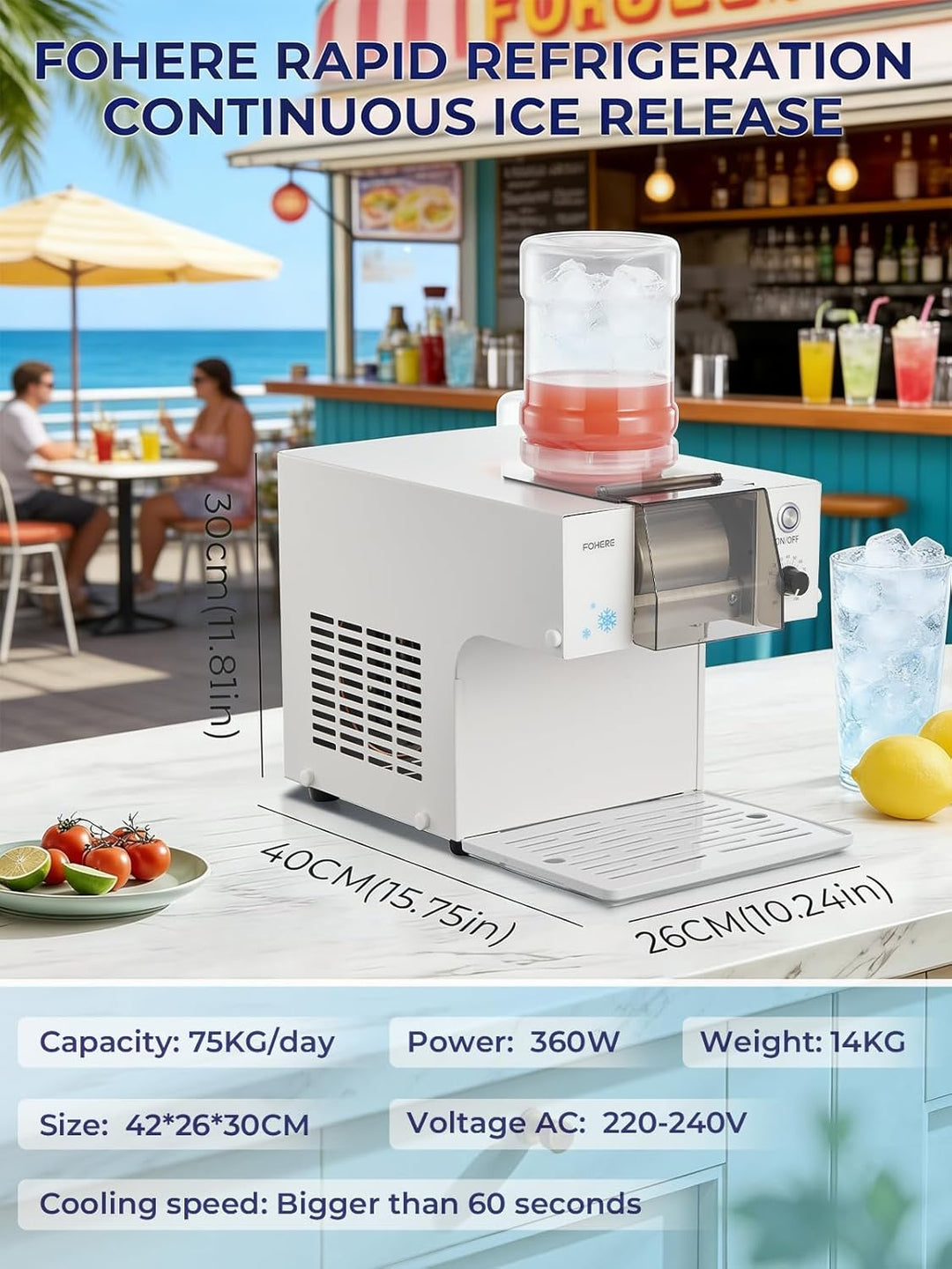 FOHERE Schneeflocken-Eismaschine Schneeeisbereiter, 60kg/24H Schneeflocken-Eismaschine Geschwindigke