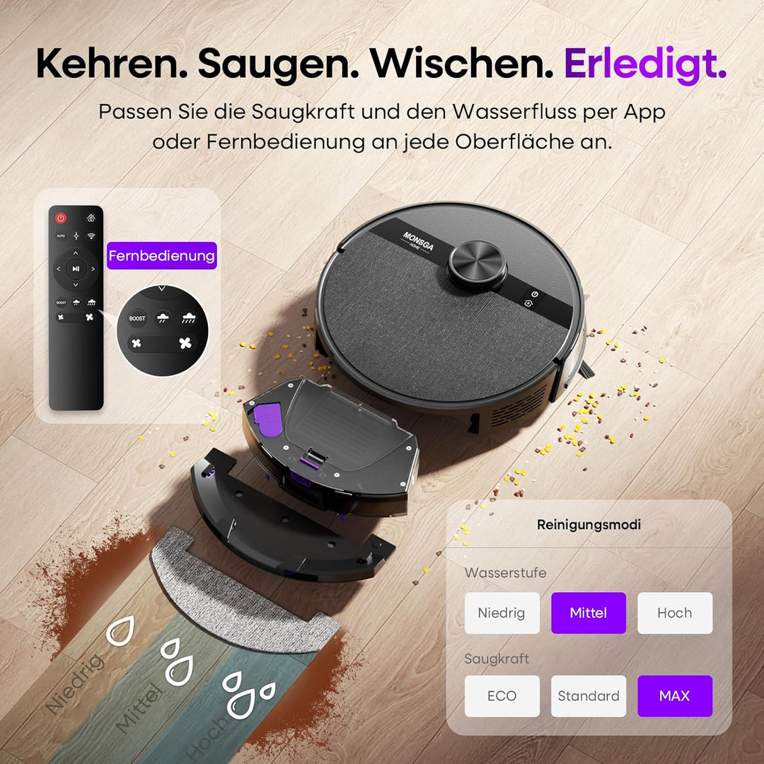 MONSGA Saugroboter mit Wischfunktion,5000Pa Saugkraft,180Min Laufzeit,Anti-Tangle-System,LiDAR Navig
