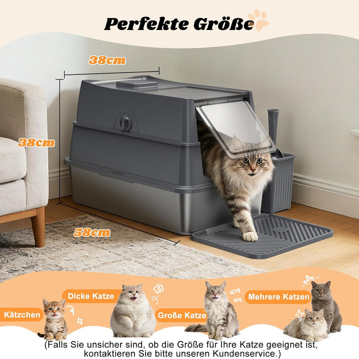 FURTIME Katzenklo Edelstahl mit Deckel, Katzentoilette Edelstahl Grosse XL Leicht zu Reinigen, Gesch