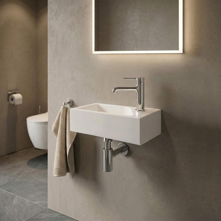 Stilform Mini Waschtisch Gäste WC Waschbecken für Wandmontage Mineralguss Links oder Rechts Handwasc
