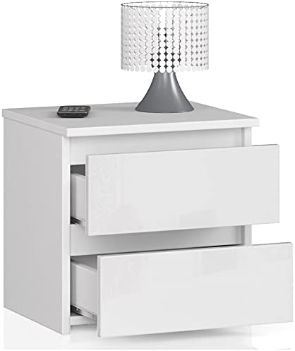 AKORD Nachttisch in minimalistischer Optik, mit 2 Schubladen, B40 x H40 x T35 cm Weiss / Weiss Glänz