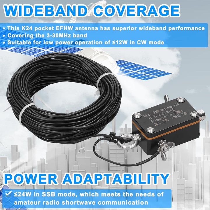 Taschen-EFHW-Antenne K24, 3-30 Frequenzband, Kurzwellenantenne, Breitband-Endspeisungs-Halbwellenant