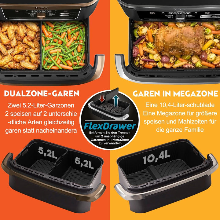 Heissluftfritteuse Zubehör für Ninja Foodi Flexdrawer 10,4l Airfryer AF500EU AF500EUCP, 1x10.4L & 2x