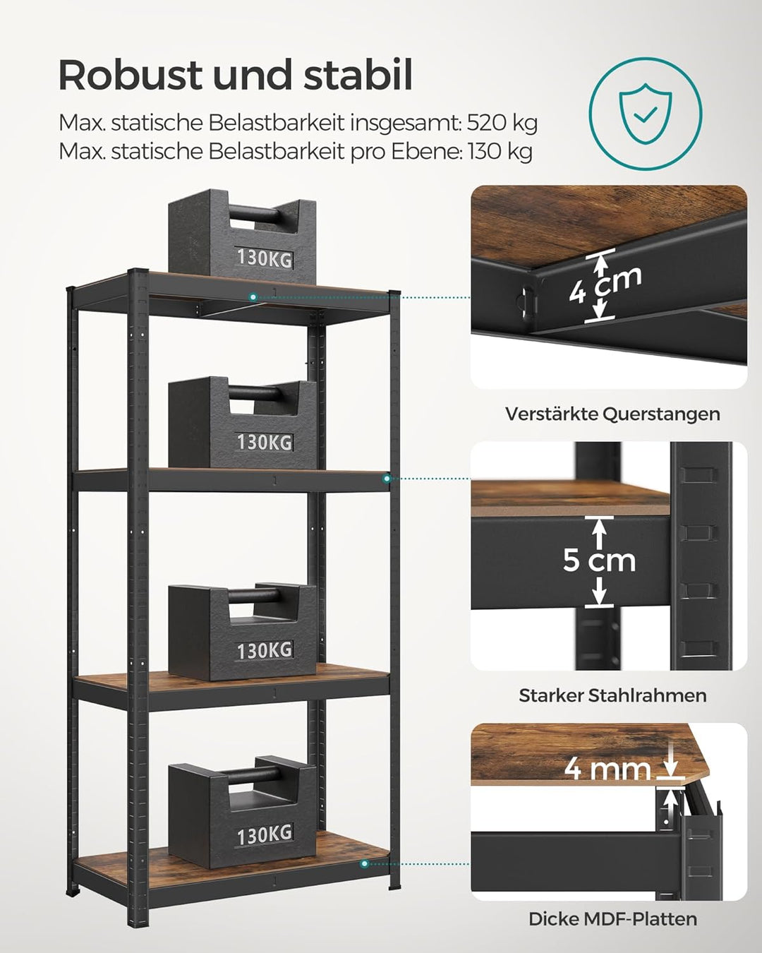 SONGMICS Standregal, Bücherregal, Lagerregal, 4 Ablagen, verstellbar, 40 x 80 x 160 cm, bis 520 kg b