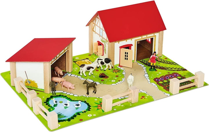Eichhorn Bauernhof 100004309 - Bauernhof bestehend aus 2 Gebäuden, Spielplatte, Figuren, Tiere, Zäun