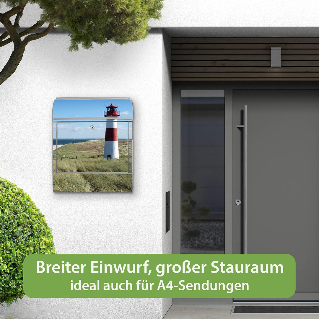 banjado® Design Briefkasten mit Motiv Leuchtturm 39x47x14cm &amp; 2 Schlüssel - Briefkasten Stahl Silber