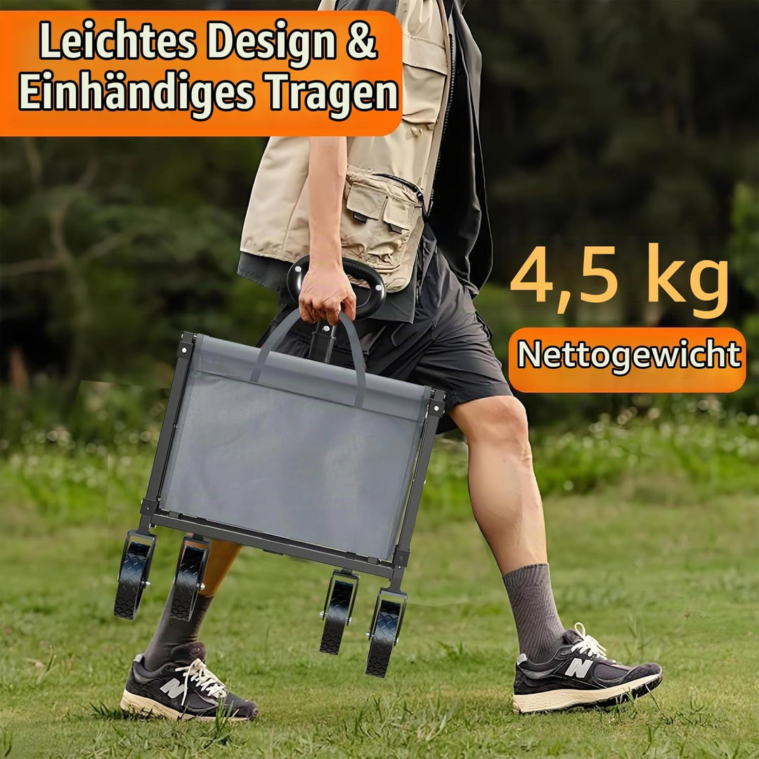 Bollerwagen Faltbar mit 4 verstärkten Rollen, Faltbarer Klappbarer Handwagen mit Griff, Bollerwagen