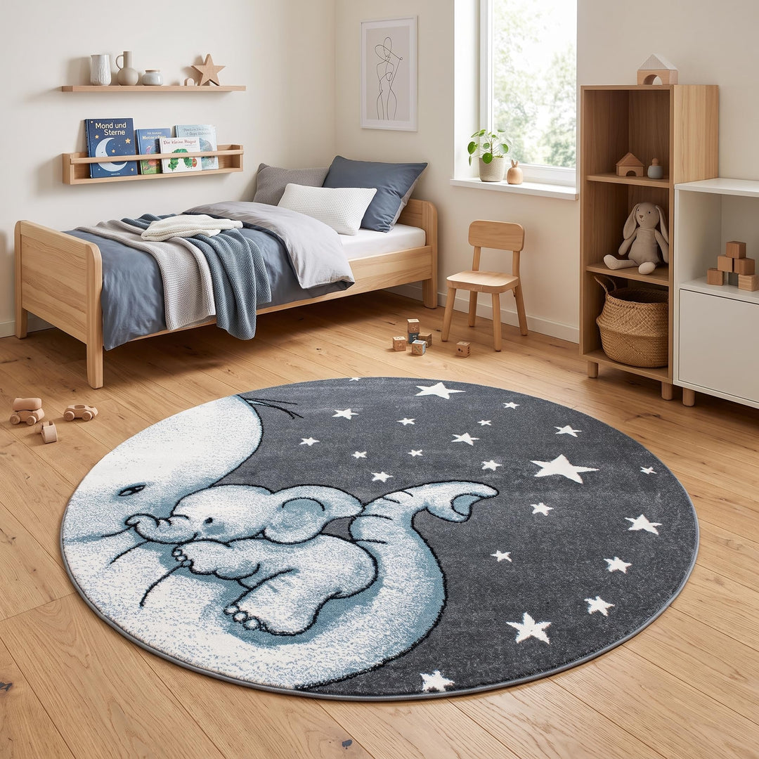 HomebyHome Kinderteppich Blau 120 cm Rund Elefantenmuster für Jungen Kinderzimmer Kurzflor Extra Wei