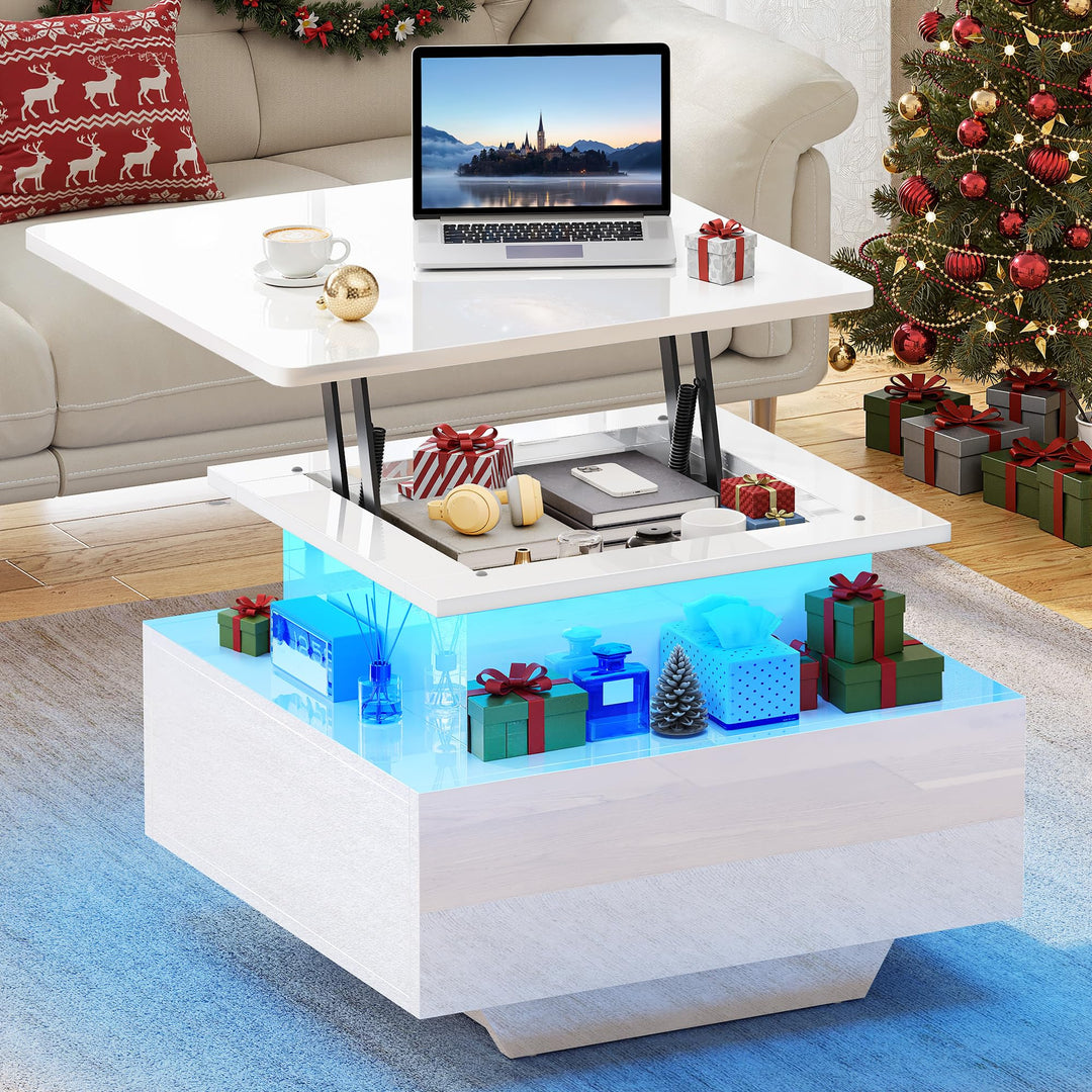 YITAHOME Couchtisch Höhenverstellbar mit LED Beleuchtung Modern, 60x60x45cm, Wohnzimmertisch Hochgla