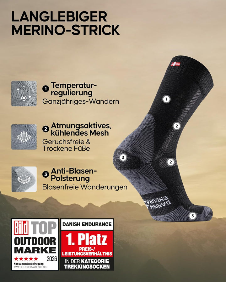 DANISH ENDURANCE Merino Wandersocken, Wollsocken, Merino Socken, Trekkingsocken, Atmungsaktiv & Star
