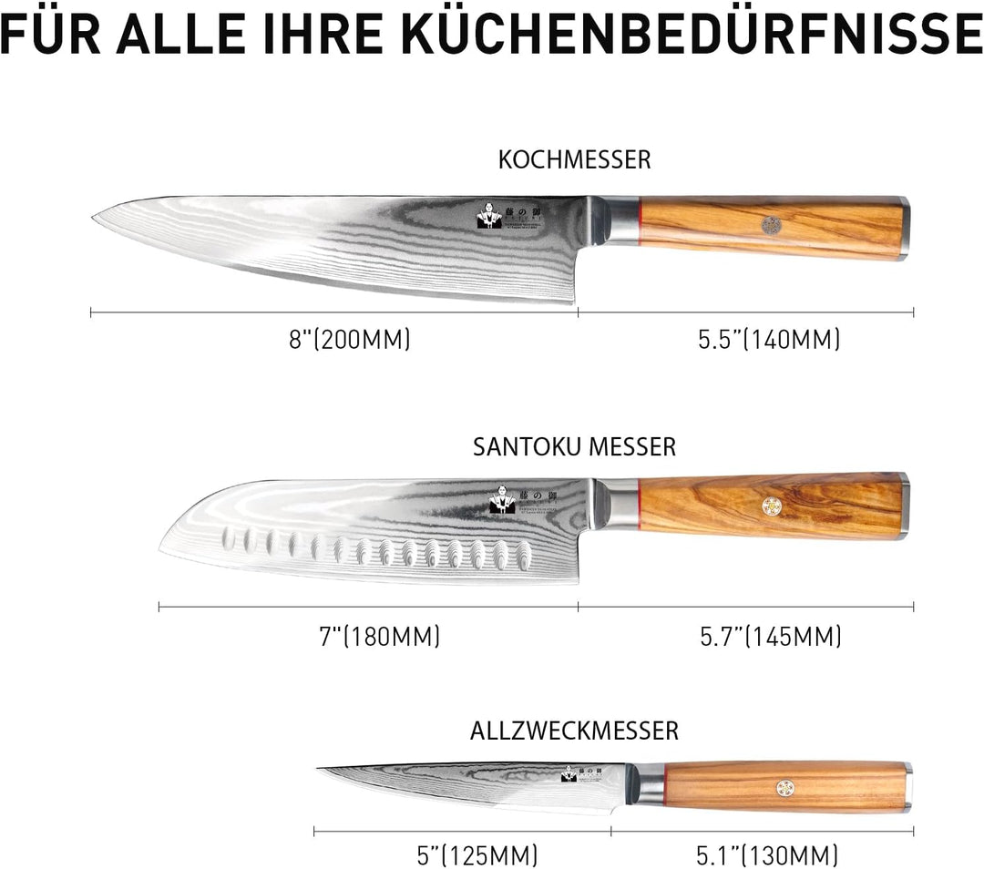 FUJUNI Damastmesser Set, 3-Teilig Messerset Damast Mit Extrem Scharf Klinge Aus 67 Lagen VG-10 Damas