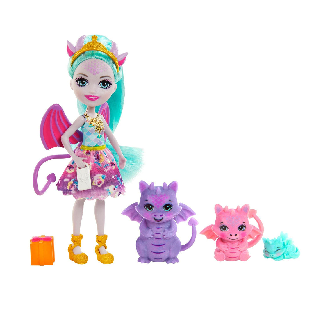 Enchantimals GYJ09 - Deanna Dragon Familie Spielset, Puppe (15,2 cm) mit 3 Drachenfiguren und 4 Zube