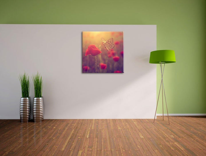 Mohn und Schmetterling, Format: 70x70 auf Leinwand, XXL riesige Bilder fertig gerahmt mit Keilrahmen