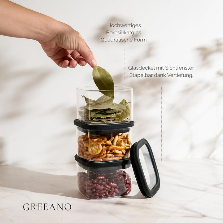 Greeano Vorratsgläser eckig mit Glasdeckel 1200ml [3er Set] – Vorratsdosen Glas luftdicht & mottensi