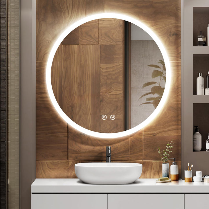 EMKE Badspiegel mit Beleuchtung Rund 70cm, Dimmbar, Beschlagfrei | LED Spiegel mit Beleuchtung, 3 Li