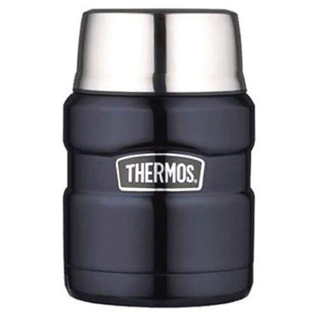 THERMOS Stainless King Vakuumisoliertes Lebensmittelglas mit Löffel, 473 ml, Mitternachtsblau Rot/Au