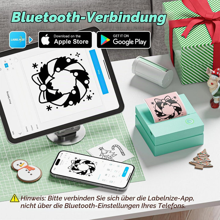 Sticker Drucker, PM290 Mini Drucker für Smartphone, Bluetooth Thermodrucker Mini mit 3 Rollen Papier