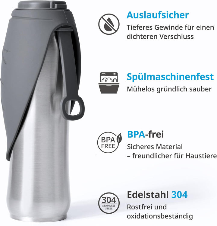 Petace Hunde Trinkflasche für Unterwegs, 750 ml Isolierte Edelstahl Hundetrinkflasche, Tragbare Wass