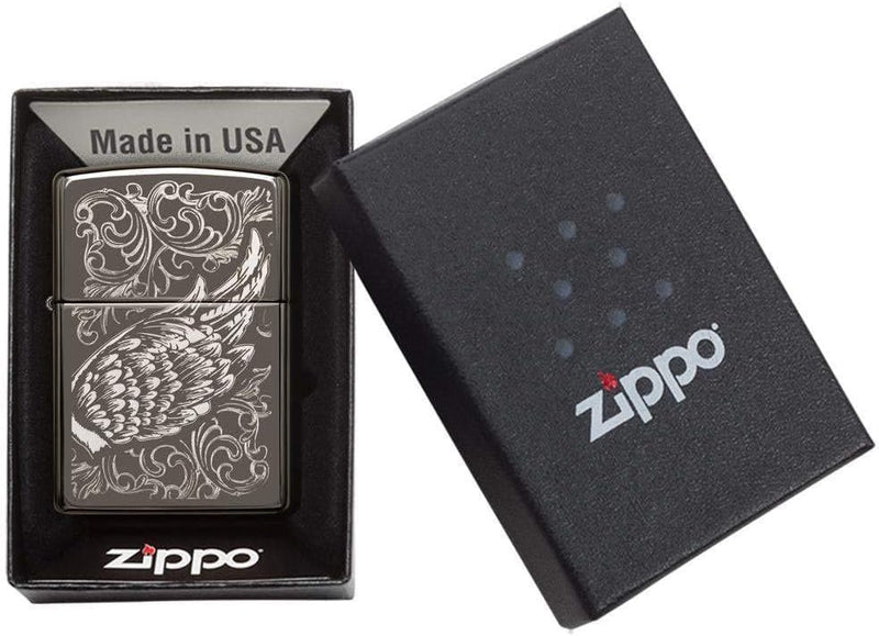 Zippo - Filigree Flame and Wings, Black Ice - Sturmfeuerzeug, befüllbar, in hochwertiger Geschenkbox