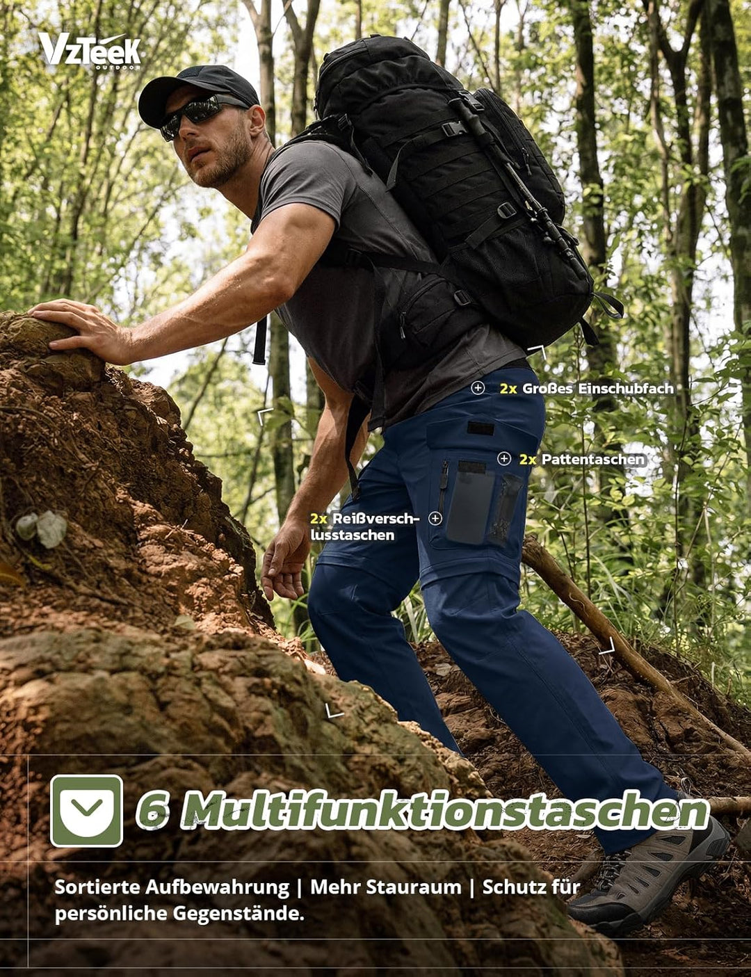 Vzteek Herren Wanderhose Zip Off Trekkinghose Outdoorhose Sommer Softshell Stretch Hose Kurz für Wan