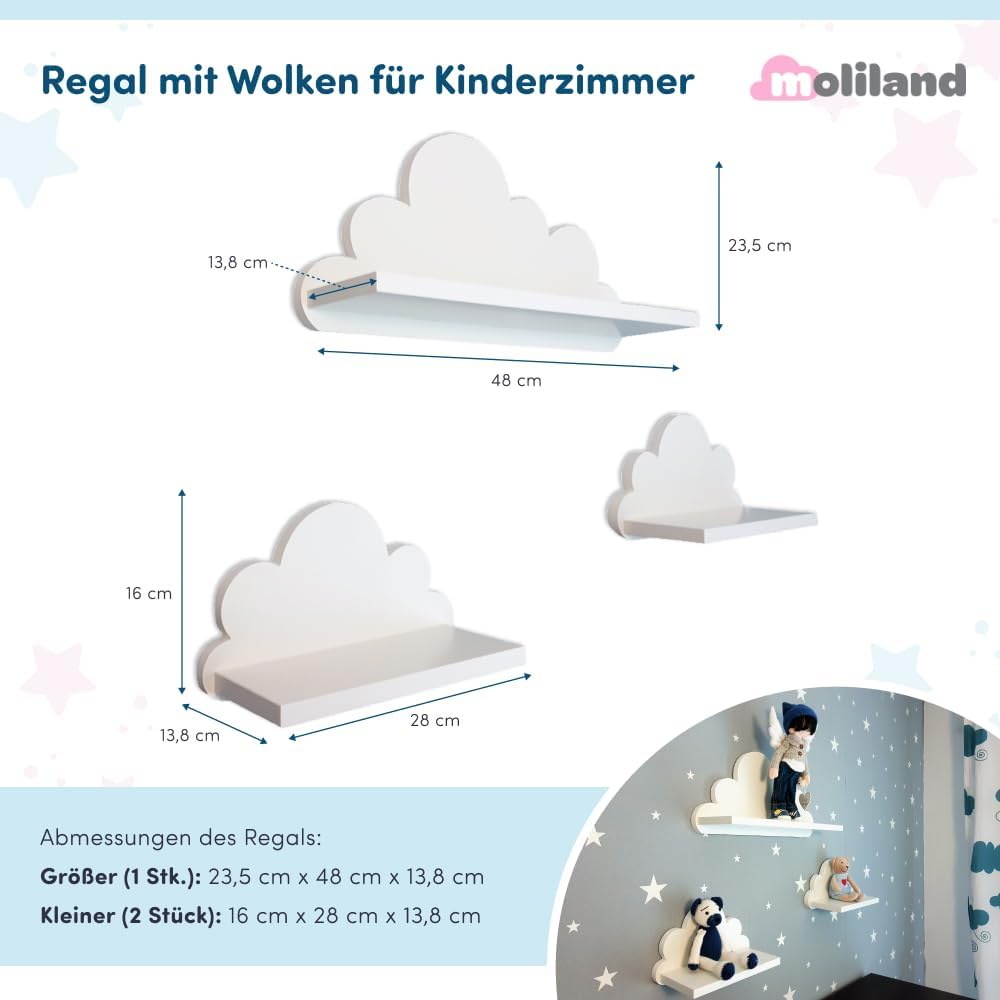 3er Set Wandregal Kinderzimmer Weiss | Babyzimmer Wolkenregal für Bücher, Spielzeug, Dekoration | Re