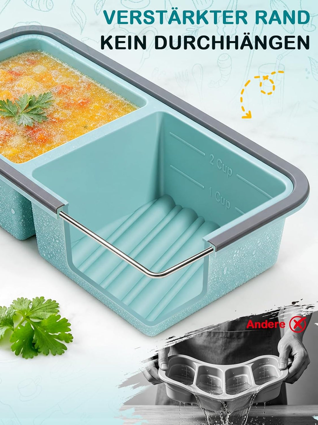 Weenkler 3er-Set Silikon Gefrierform mit Deckel für Meal Prep | 2 Cup, 1 Cup &amp; 3/5 Cup Cubes, BPA-fr