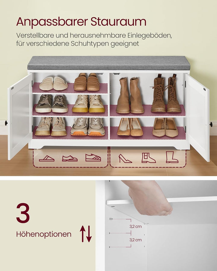 VASAGLE Schuhbank, 3 Ebenen, Sitzbank mit Stauraum, Türen und Sitzkissen, Schuhregal mit höhenverste