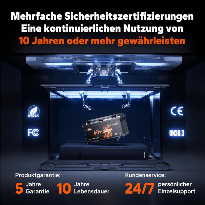 LiTime LiFePO4 12V 100Ah Bluetooth Lithium Batterie - 15000 Zyklen, 200A BMS, 2C Entladung, Smart He
