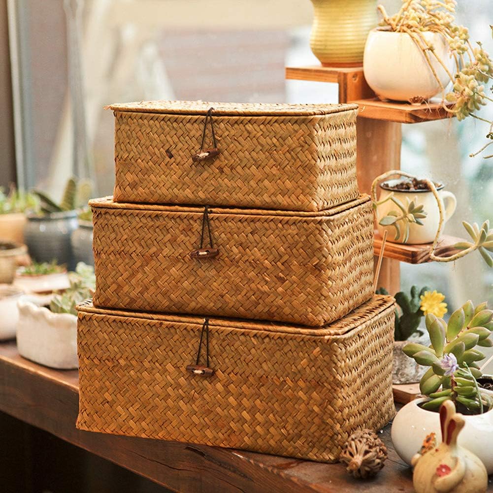 Rattankorb Aufbewahrungskorb aus Seegras Aufbewahrungsbox mit Deckel Dekobox Natürliches Material 3