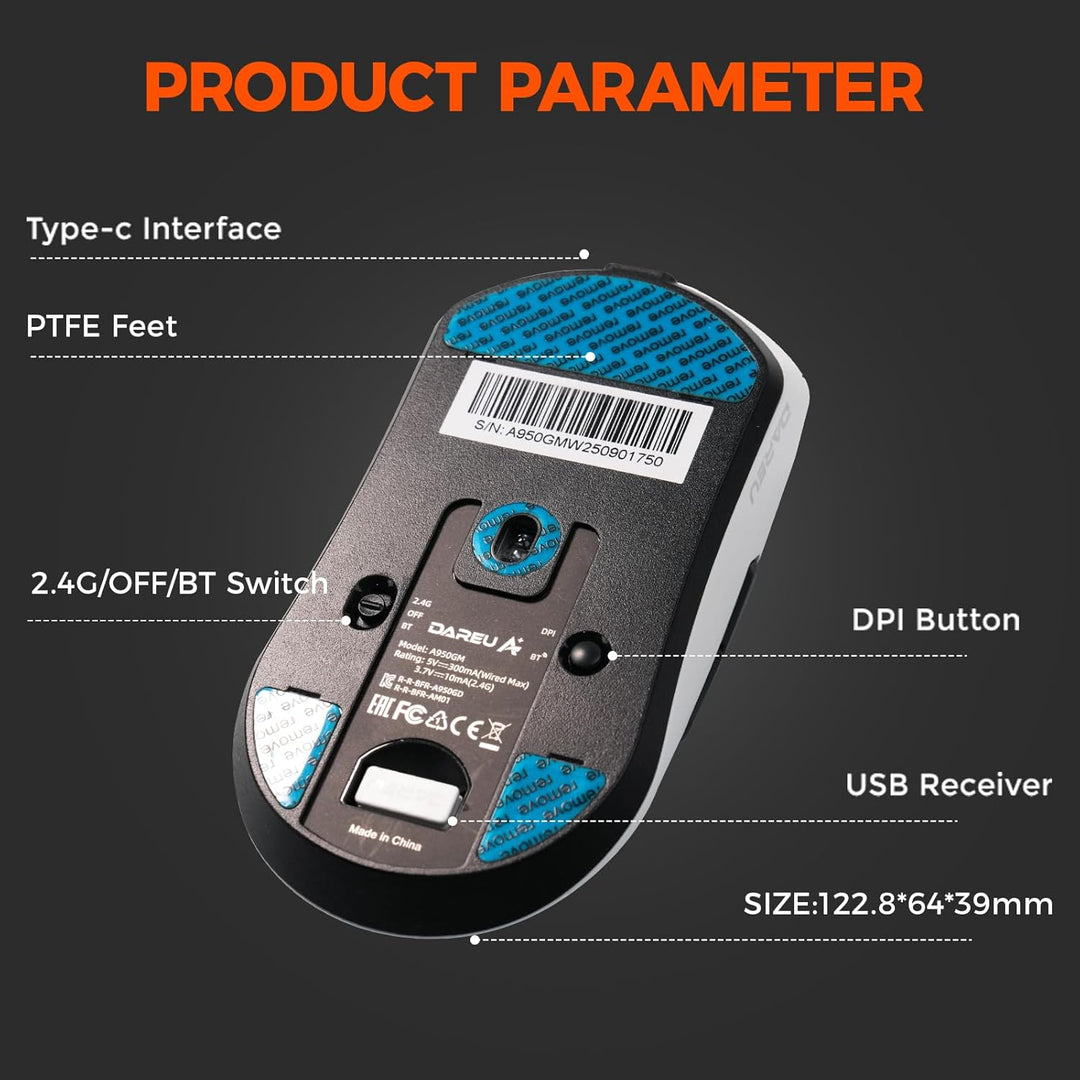 DAREU A950GM 60g Ultralight Gaming Mouse, PixArt PAW3395 Gaming Sensor, 100 Millionen HUANO Gaming M