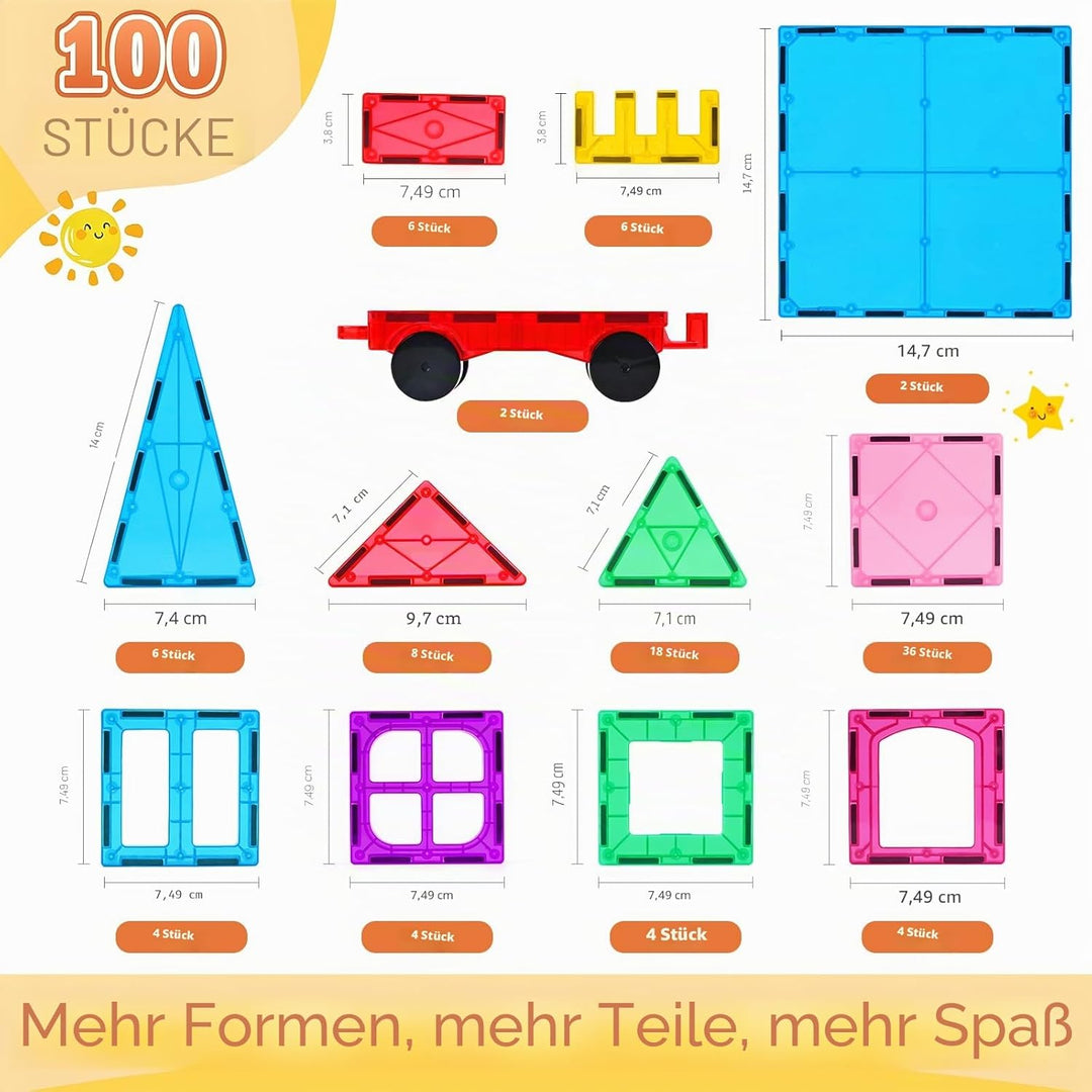 Katiago Magnetische Bausteine, 100PCS Magnetbausteine Set mit 2 Autos STEM Montessori Magnet Spielze