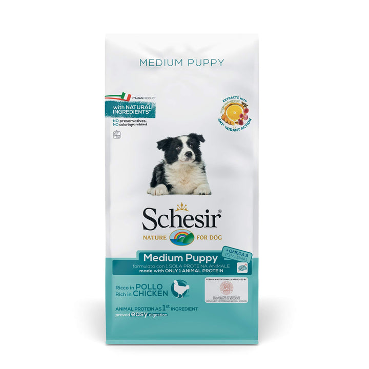 Schesir Dog Medium Puppy Huhn, Hundefutter trocken für Welpen mittelgrosser Rassen, Beutel, 12 kg Me
