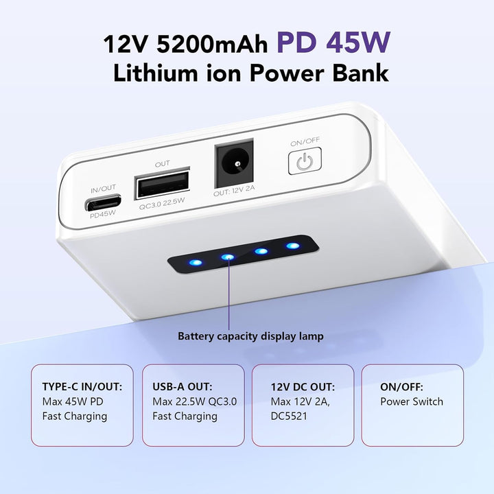 NASTIMA 12V Power Bank 5200mAh 56.16Wh Lithium-Ionen-Akku mit 12V DC Ausgang und 12V 5V USB-A QC3,0