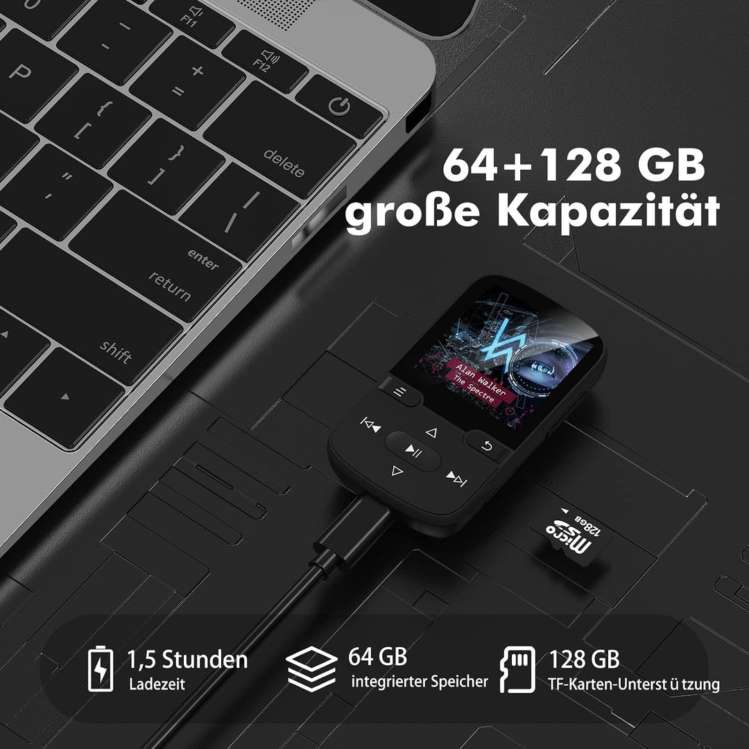 64 GB MP3 Player Bluetooth 5.3 mit Clip Kinder Tragbarer HiFi-Sport-Musikplayer (28g), FM-Radio, Sch