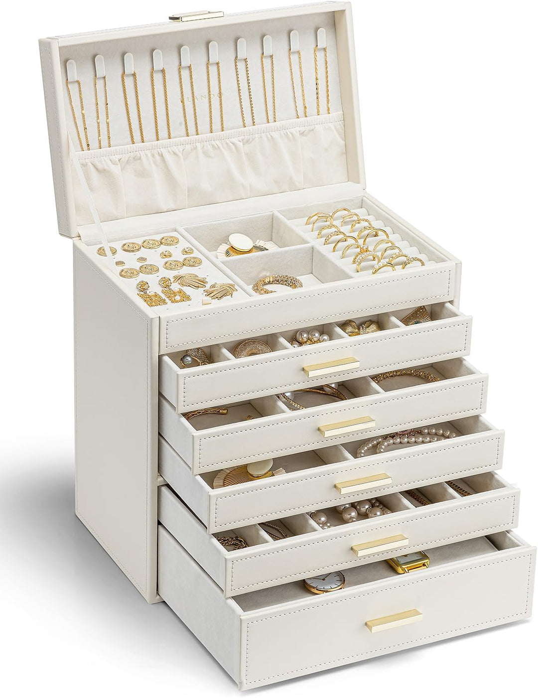 Vlando Modern Schmuckkasten Gross, Schmuckkästchen mit 6 Ebenen, Geräumige Schmuckschatulle Damen, f