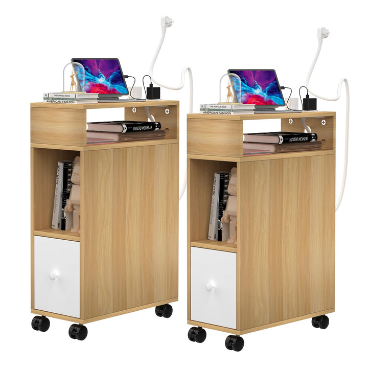 Lvhecforhm 2er Set Schmal Nachttisch mit Rollen, Schmaler Kleiner Nachtschrank im Schlafzimmer Platz