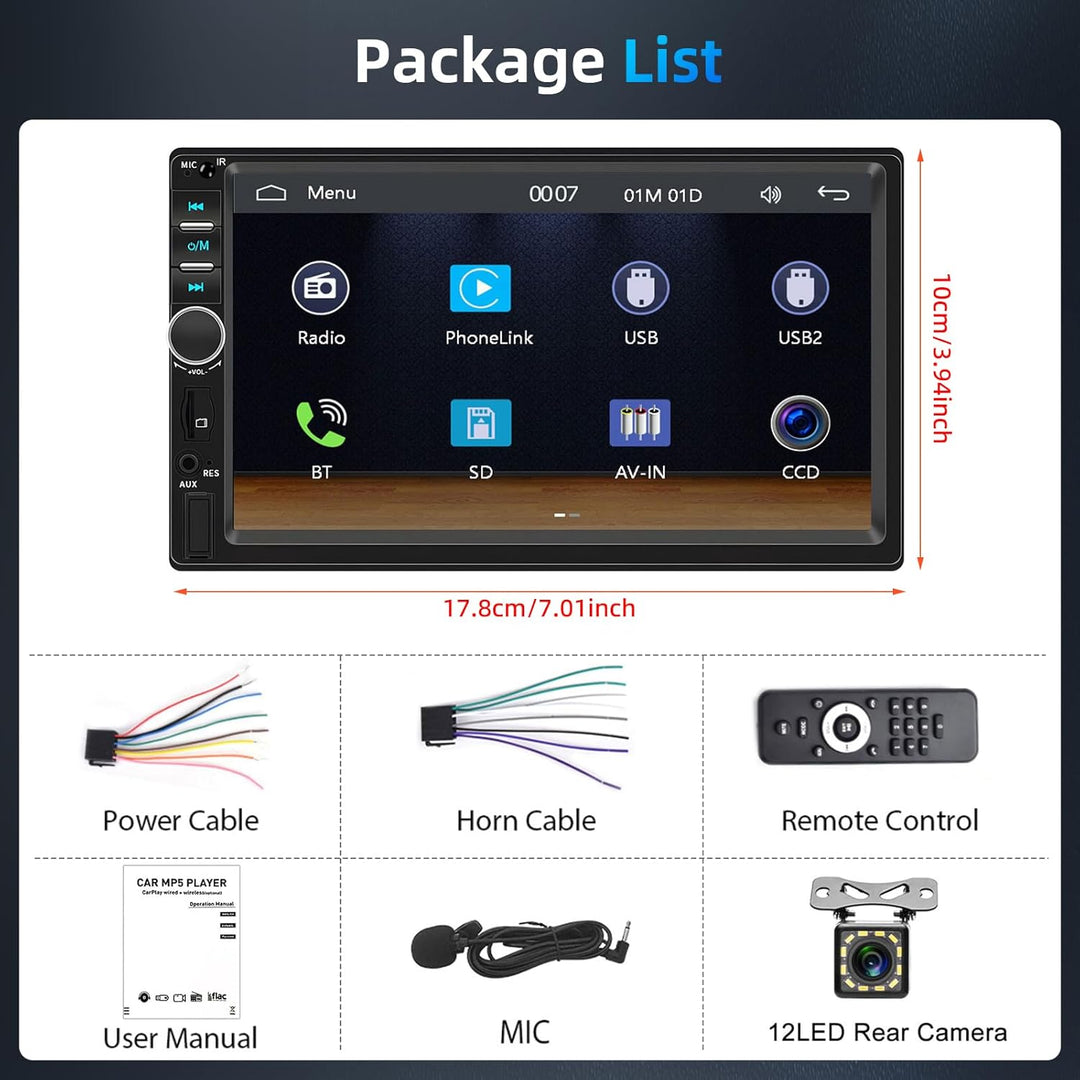 Podofo A-pple Carplay Android Auto 2 Din Autoradio, 7" HD Touchscreen MP5 Player Unterstützung Bluet