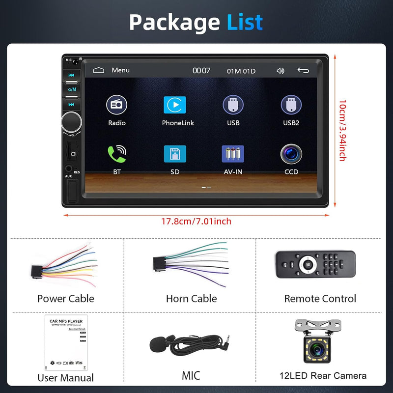 Podofo A-pple Carplay Android Auto 2 Din Autoradio, 7" HD Touchscreen MP5 Player Unterstützung Bluet